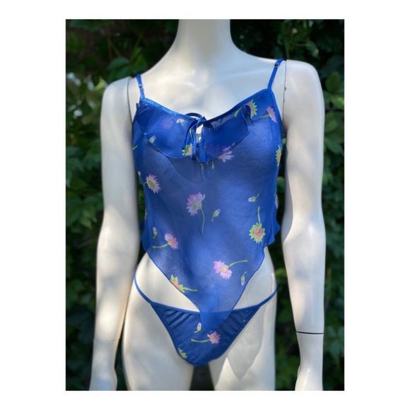 Vtg | 90s La Senza Blue Floral Lingerie Set Sleepwear Cami Panty Hankerchief Med - Picture 2 of 7